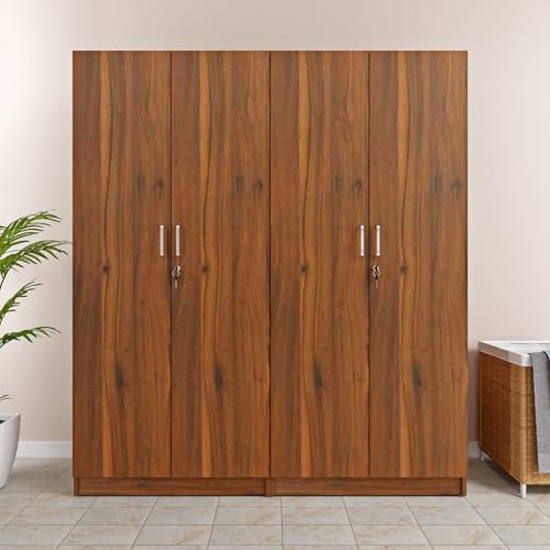 Image of VIKI Wardrobe | Wooden Almirah for 4 Door Fully Shelves Wardrobe (Brussel Walnut - 40D x 160W x 180.8H) | 1 Year Warranty | Free Assembly