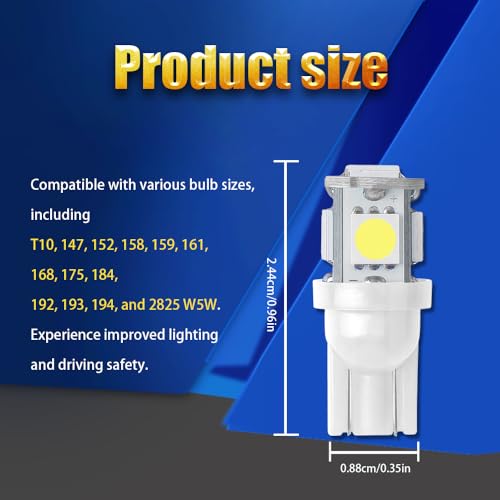 2PCS 194 LED Bulb Luz Placa T10 W5W 12V 5SMD 5050 Blanca miniatura 2