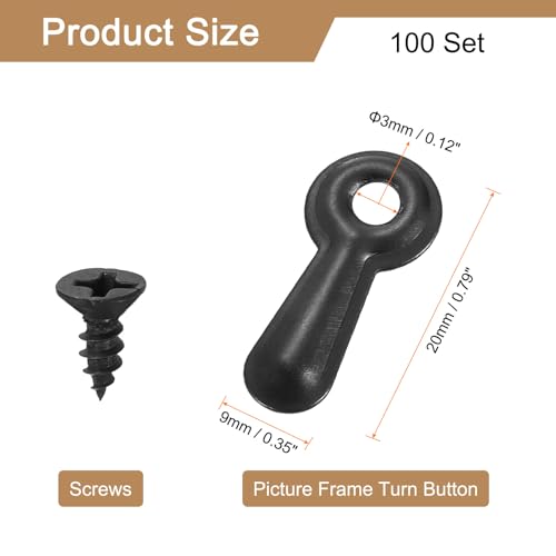 Image of uxcell 100Pcs Picture Frame Turn Button, Frame Backing Fasteners with 100Pcs Screws, Frame Hardware for Hanging Pictures Photos, Black