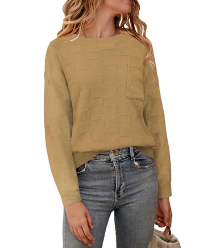 Women Lightweight Sweaters Crewneck Long Sleeve Block Knit Pullover Shirts Tunic Tops with Pocket2