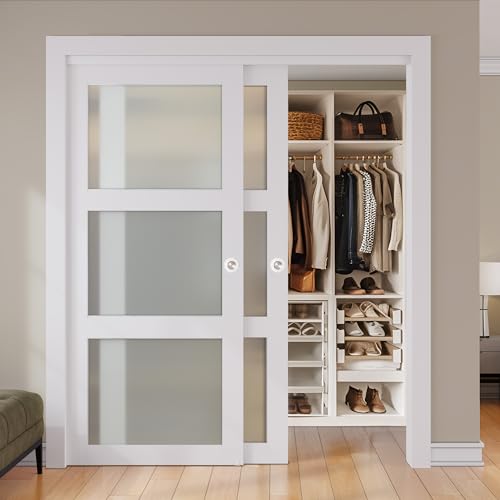 SMARTSTANDARD Sliding Closet Door, 72"×80"(Double Barn Doors 37"), Double Frosted 3 Panel Glass Sliding Door with Hardware Kit, Pre-Drilled Doors Panel, Need to Assemble, MDF with PVC Surfac