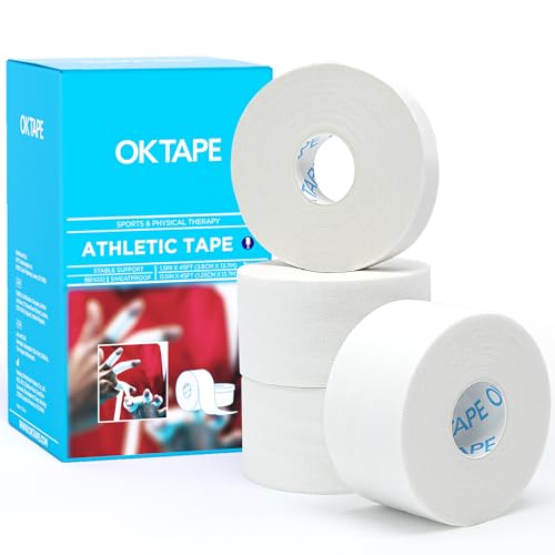 Image of OK TAPE Athletic Tape Finger Tape, Extra Strong Adhesive Sports Tape for Weightlifting, Climbing, Basketball, Volleyball, White 3 Rolls 1.5 inch x 15yds and 1 Roll 0.5in x 15yds