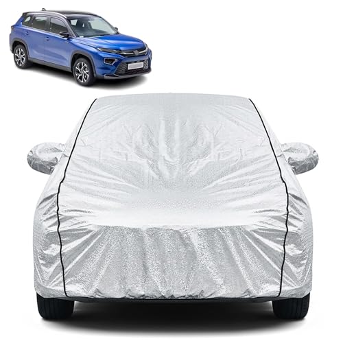 Image of Waterproof Car Cover for Toyota Urban Cruiser Hyryder | Dustproof, UV Resistant & Scratch Protection | Soft Cotton Lining | Triple Stitched | Mirror Pockets & Elastic Fit | Silver