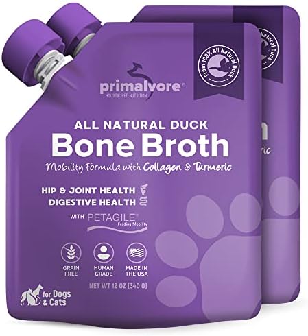 Primalvore All-Natural Duck Bone Broth for Dogs&Cats, Mobility Formula w/Collagen Peptides Supports Hip & Joints, Digestion, Skin&Coat and Hydration, Grain Free, Human Grade, Made in USA. Duck 2 Pack