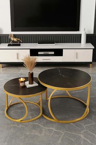 Image of Round End Table Set of Two Coffee Tables with Engineered Wood Top and Metal Frame, Contemporary Accent Side Table for Office, Bedroom, or Living Room Golden Black