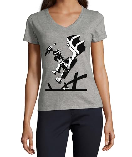 T-shirt en coton Anime 156 gris pour femme avec col V aux finitions soignees