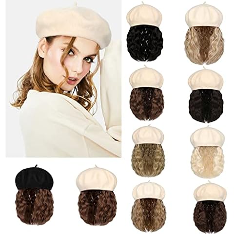 Cephermer Berets Cap with 8 Inch Wavy Curly Hair Extensions for Women Hat Attached Synthetic Wig Short Extensions 11 Inch in Length (with Berets Cap) Cover