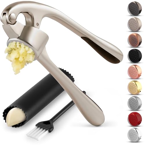 Zulay Kitchen Premium Garlic Press Set – Rust Proof & Dishwasher Safe Professional Garlic Mincer Tool – Easy-Squeeze, Easy-Clean with Soft, Ergonomic Handle – Silicone Garlic Peeler & Brush (Silver)