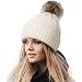 Women's Winter Soft Knitted Beanie Hat with Faux Fur Pom Pom, Cream