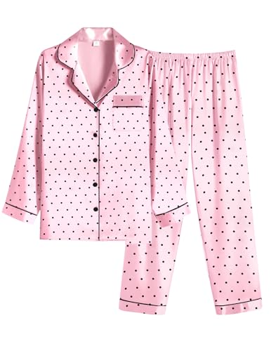 Image of Ekouaer Women Satin Pajamas Set Classic Button Down Long Silk Pjs Set,Small,Pink Dots