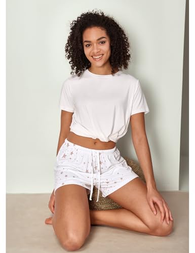 Image of GYS Women's Bamboo Viscose Cooling High Waisted Pajama Shorts | Moisture wicking, Breathable, Tagless, Soft stretch, Elastic waist with drawstring, for hot flashes & summer sleep