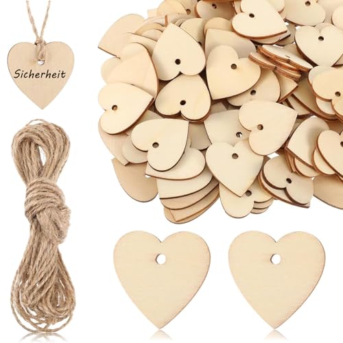 Foonary Lot de 100 cœurs en bois à écrire - 4 cm - Avec 10 m de ficelle de jute - Pendentifs en bois - Avec trou - Pour mariage, fête, anniversaire, étiquette...