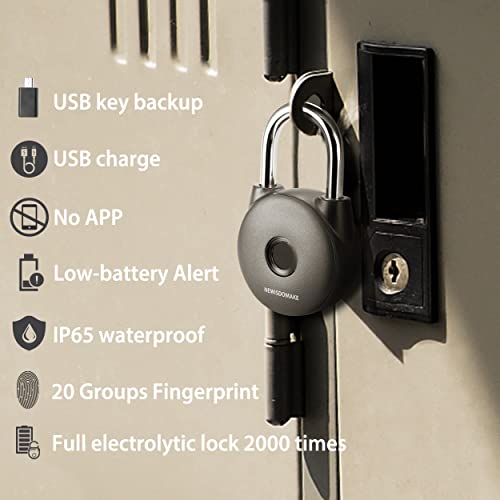 Newisdomake Fingerprint Padlock, Smart Lock with Key Backup, Waterproof for Gym, Luggage, Bookcase, Suitcase, Backpack, Bike, School Locker (Gray) by Newisdomake - Image 3