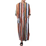 Lu's Chic Men's Kaftan Robe 3/4 Sleeve Long Gown Cotton House Coat Buttons Night Shirt Striped Vintage Thobe Full Length with Pockets Orange Small
