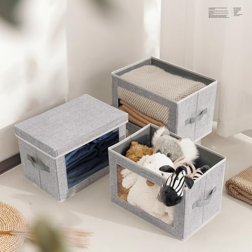 Image of Homsorout Stackable Storage Bins with Lids - Medium Storage Box with Lids, Foldable Storage Bins, Wardrobe Clothes Organizer with Window, Cubes Storage Bins for Living Room, 6 Pack, Blended