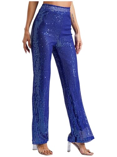 Womens Sparkle Sequin Loose Elastic High Waist Straight Leg Pants Night Out Trousers4