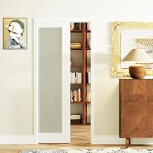 Sliding Pocket Door, 32" x 80" 1-Lite Tempered Frosted Glass Panel with Frame and Hardware Kit Set, Interior & Closet Single Finished Door Slab, Pantry Doors White Primed