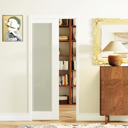 Image of 30 inch x 80 inch Sliding Pocket Door Kit, 1 Lite Frosted Glass Pantry Door with Panel and Frame, Interior & Closet Single Finished Door Slab, Interior Sliding Door, White Primed