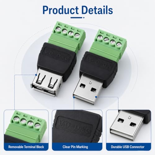 4-Pack Solderless USB 2.0 Type A Male/Female to 4 Pin Screw Terminal Block by Snuviax - Used condition - Image 3