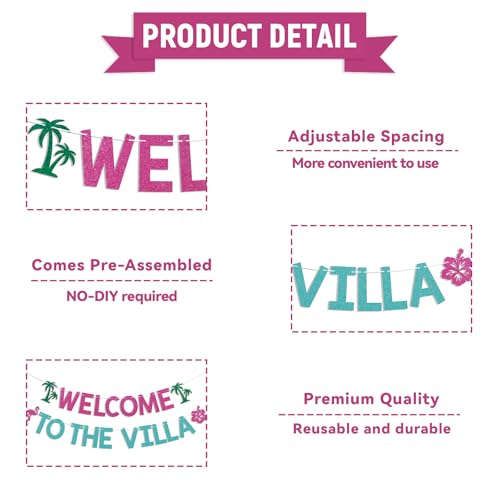 Welcome to the Villa Banner - Love Theme Island Decor, Island Bach Weekend Decorations Hot Pink & Blue Glitter by CHINGYIA - Used condition - Image 4