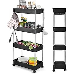 Estanteria Ruedas Cocina Wopeite Carrito Auxiliar con Ruedas Cocina, Carro de Almacenamiento Rodante de 4 Niveles, Multifuncional Organizador Carrito Cocina para baño, lavadero, Espacio Estrecho, Plástico, 40 x 22 x 86 cm