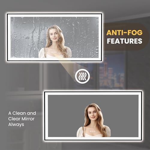 LOAAO 72"X32" LED Bathroom Mirror Black Framed, Anti-Fog, Dimmable, Lighted Bathroom Vanity Mirror for Wall, Memory Function, Tempered Glass