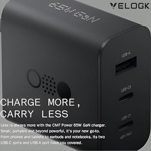 Image of VELOGK CMF by Nothing 65W GaN Charger with Trio Ports with C to C Nothing Cable | Ultra-Fast 65W Charging for Nothing Phone 2A, CMF Phone 1, and Nothing Phone 2 | Compact, Shockproof & Safe Design