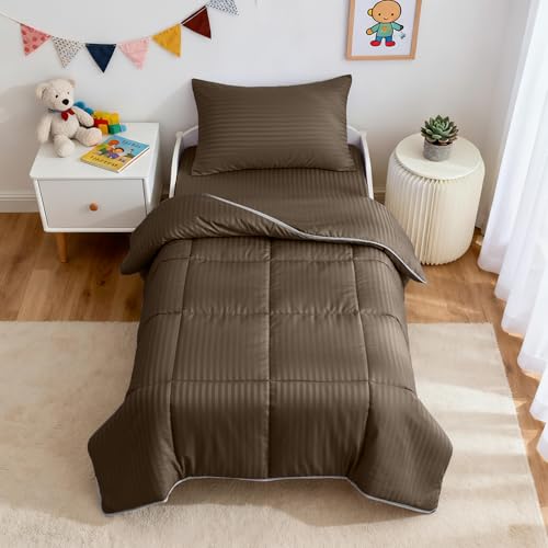 Image of ZPECC Toddler Bedding Set - 4 Piece Hypoallergenic Baby Crib Bedding Set for Boys and Girls, Includes Toddler Comforter, Flat Sheet, Fitted Sheet and Pillowcase, Brown