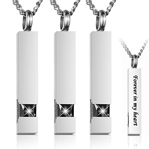 3 Pack Urn Necklace for Ashes Memorial Cremation Jewelry for Ashes, CZ Bar Urns Pendant Stainless Steel Urn Locket for Ashes Keepsake Jewelry with Words: Forever in my heart & Funnel Kit & Bag