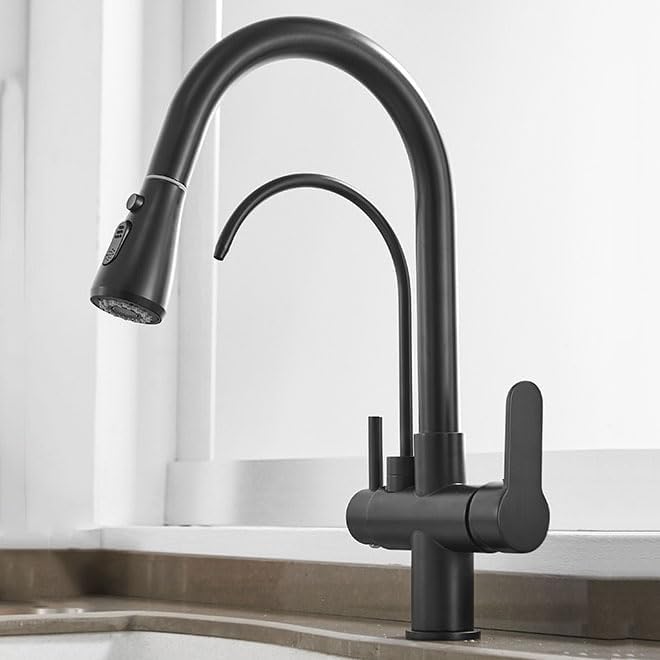 3 Way Kitchen Mixer Tap, Kitchen Mixer Tap with Pull Out Spray Brass, Kitchen Drinking Taps Sink Mixer Swivel Spout with 2 Handles, Black，Black