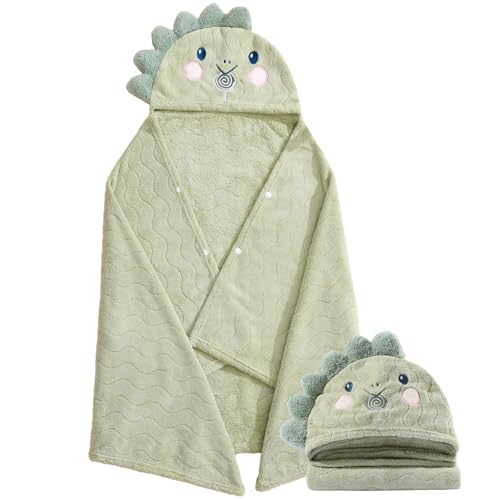 Image of Unisex Toddler Bath Towel with Hood, 27.5 inchX55 inch, Green, Anime Dinosaur Pattern, Coral Fleece, Machine Wash, 1 Count