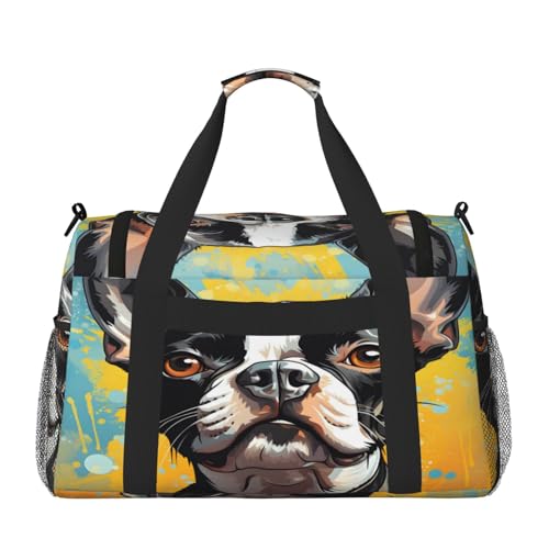 Travel Duffel Bag For Men Women, Boston Terrier Dog Art Painting Carry On Sport Gym Bag With Shoulder Strap Lightweight Waterproof Weekender Bag Overnight Bag2