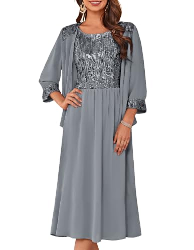 Image of GRACE KARIN Formal Wedding Guest Dress Sequin Mother of The Bride Dresses | Two Piece,3 /4 Sleeve,Tea Length,Crew Neck,Fit and Flare,Chiffon,Suitable for Spring /Summer /Fall /Winter /Cocktail /Party /Prom