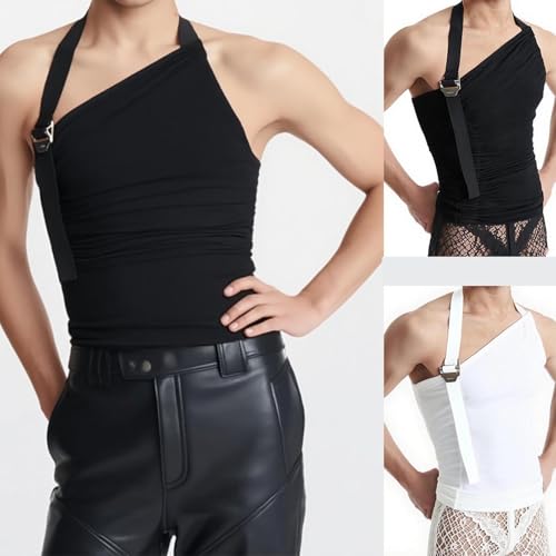 Cambkatl Men's Knit Sleeveless Tank Tops Sexy Cut Out Asymmetrical Skew Neck Halter Clubwear Ves Shirts2