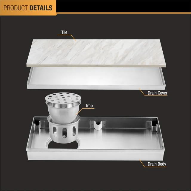 Image of Ruhe Tile Insert Shower Drain Channel | 12 x 5 Inches Waste Water Floor Drain for 13mm Tile | 304 Stainless Steel Invisible Shower Drain Channel | Drain Channel with Cockroach Trap and Side Hole