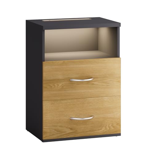 CASARIA® Mesita de Noche Luz LED Táctil Regulable 2 Cajones 40x28x55cm Mesa Auxiliar Dormitorio Salón Gris Madera
