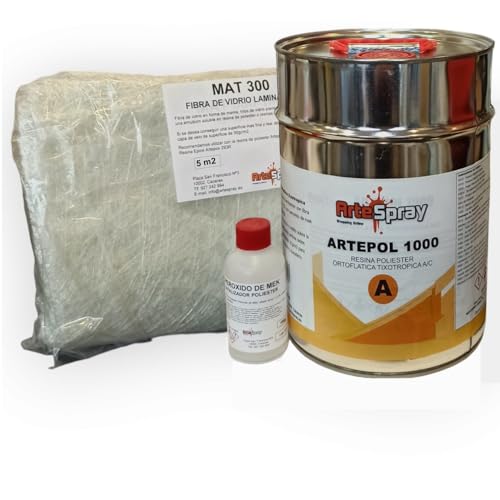 Artespray - Kit Resina Poliester Artepol 1000 5Kg + Fibra De Vidrio 5M2 + Peroxido Para Reparaciones