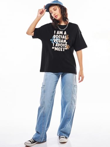 Image of Bewakoof Women's Being Cute is My Super Power Graphic Print 100% Cotton T-Shirt- Oversized Fit, Round Neck, Half Sleeve