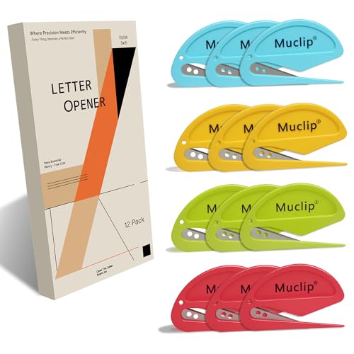 MUCLIP 12 Pack Letter Opener Envelope Slitter - Ergonomic ABS Grip, Hidden Stainless Steel Blade,Fast Opener for Envelope,Letter,Mail,Package,Ideal for Office,Home,Business (Boxed)