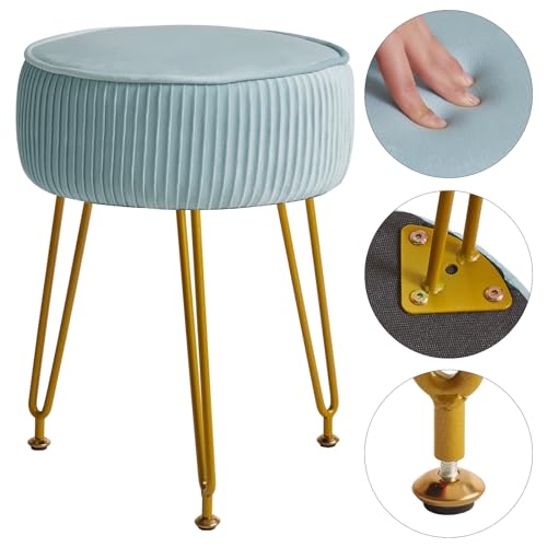 IBUYKE-Velvet-Round-Footrest-Stool-Ottoman-Makeup-Vanity-Stool-Side-Table-Velvet-Dressing-Table-Seat-Pouf-Couch-Stool-Golden-Steel-Legs-Blue-LG-30H IBUYKE Velvet Round Footrest Stool Ottoman Makeup Vanity Stool Side Table Velvet Dressing Table Seat Pouf Couch Stool Golden Steel Legs Blue LG 30H