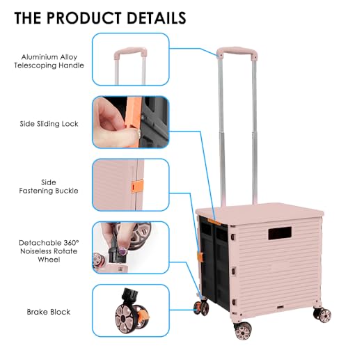 SELORSS Foldable Utility Cart Portable Collapsible Crate Rolling Carts with Wheels Rolling Tote Basket Teacher Cart with Lid Wear-Resistant 360°Rotate Wheel Noiseless for Shopping Storage Office Use