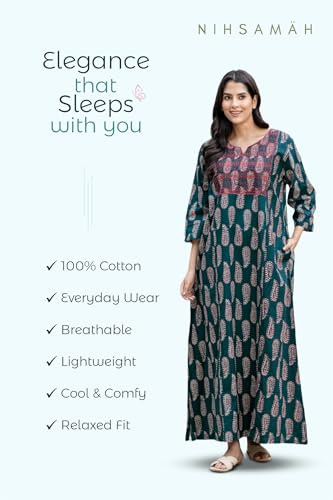 Image of NIHSAMAH Cotton Nighty for Women - Printed Stylish Night Gown, Comfortable Sleepwear Long Nightwear, Maxi