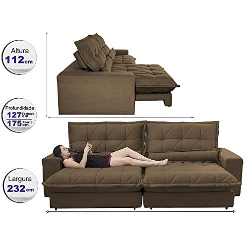 Sofa Retrátil e Reclinável com Molas Ensacadas Cama Inbox Soft 2,32 Mts Tecido Suede Café