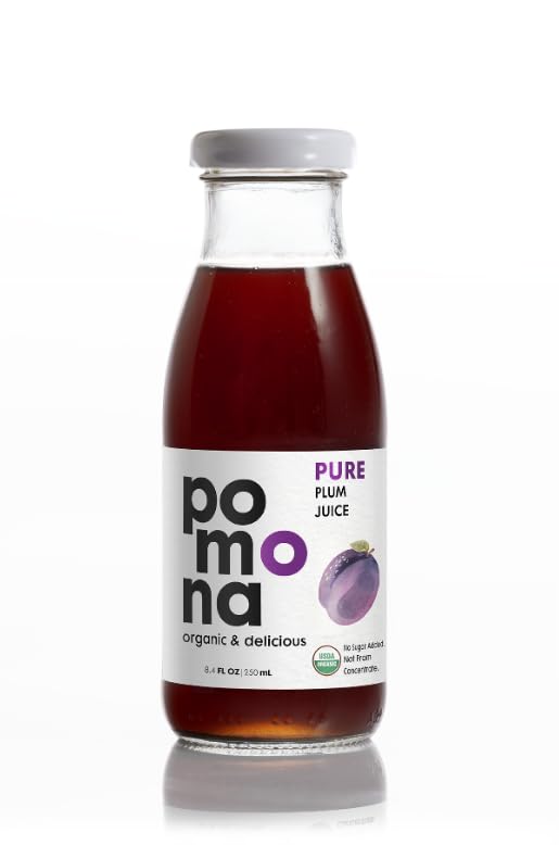 Image of Pomona Organic Plum Juice (Pack of 12), Cold Pressed USDA Organic Juices, 100% Plums, No Added Sugar, Not From Concentrate, Vegan, Kosher, Non GMO, Pasteurized, 8.4 oz Glass Bottles