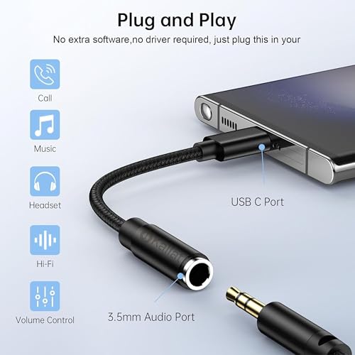 Image of USB C to 3.5mm Audio Jack Adapter with DAC Chip | Type-C to AUX Headphone Converter for iPhone 15 Pro Max /15 Pro /15 Plus, Samsung S23 /S22 /S21, iPad & USB-C Smartphones | Wired Earphone Adapter Black