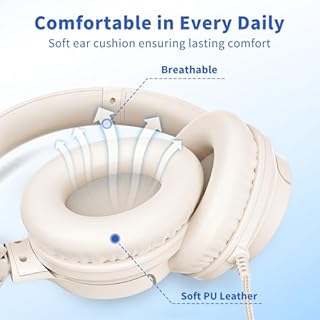 Headphones Wired with Microphone, Over Ear Foldable 3.5mm Plug in Headphones Corded with 4.9ft Tangle-Free Nylon Cord for Girls, Boys, Tablet, Laptop, MP3/4, School, Airplane Travel (Beige)