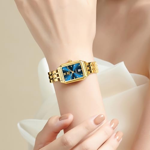 Image of OLEVS Watches for Women Gold Dress Analog Quartz Square Female Watch Stainless Steel Waterproof Calender Stylish Watch for Ladies