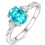 Jknel Paraiba Tourmaline Rings for Women, Oval Cut 1 1/2 CT Birthstone Ring w/Moissanite, 925 Sterling Silver Plated 14K White Gold Promise Anniversary Ring for Wife Mom Girlfriend Her(White Gold 7)