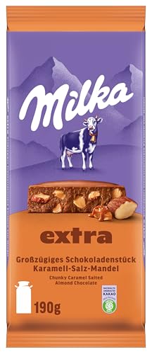 Milka Extra Karamell-Salz-Mandel – Alpenmilch-Schokolade mit Karamellstückchen– Mandeln und einer Prise Salz – 190g