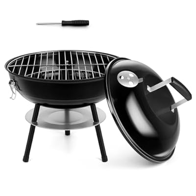 HaSteeL 14 Inch Charcoal Grill, Small Black Enamel Outdoor BBQ Grill, Mini Flat Top Kettle Barbecue Grill with Screwdriver, Portable for Backyard Garden Camping Cooking Smoking, Dual Venting System